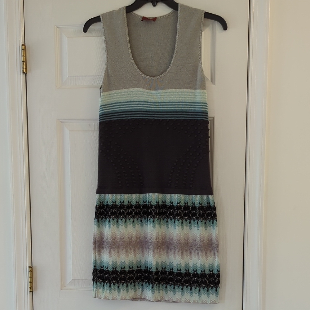 Missoni Gray and Teal Striped Wool Knit Dress Made In Italy